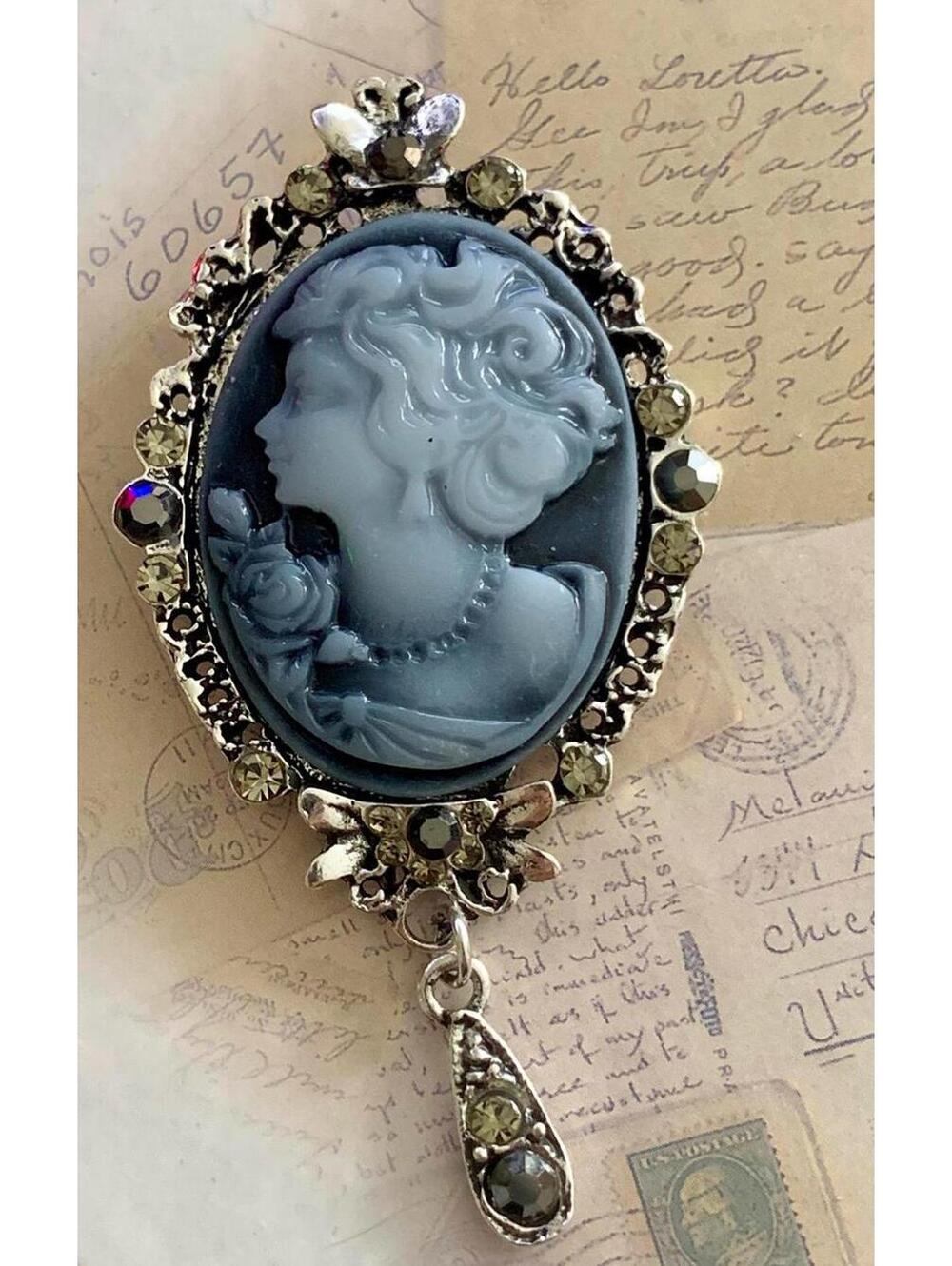 Blue Cameo Brooch with Rhinestone Accents - Collectible Display Piece
